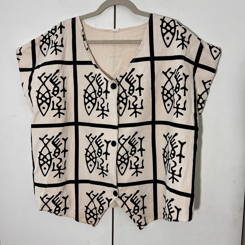Vintage 100% Linen Vest Top Womens L Abstract Block Print Fish Motif Artsy USA